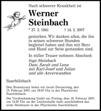 Traueranzeige von Werner Steinbach von SAARBRÜCKER ZEITUNG