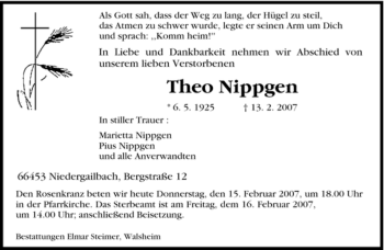 Traueranzeige von Theo Nippgen von SAARBRÜCKER ZEITUNG