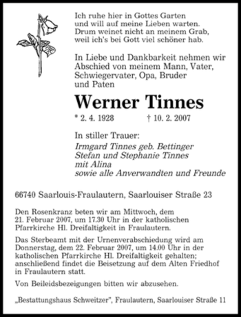 Traueranzeige von Werner Tinnes von SAARBRÜCKER ZEITUNG