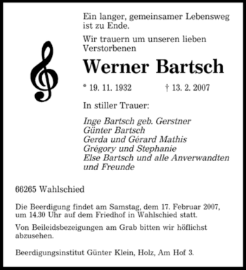 Traueranzeige von Werner Bartsch von SAARBRÜCKER ZEITUNG