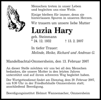Traueranzeige von Luzia Hary von SAARBRÜCKER ZEITUNG