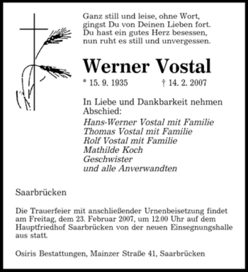 Traueranzeige von Werner Vostal von SAARBRÜCKER ZEITUNG