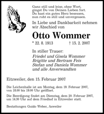 Traueranzeige von Otto Wommer von SAARBRÜCKER ZEITUNG