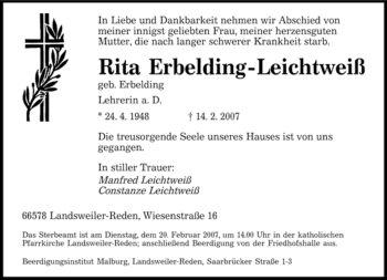 Traueranzeige von Rita Leichtweiß-Erbelding von SAARBRÜCKER ZEITUNG