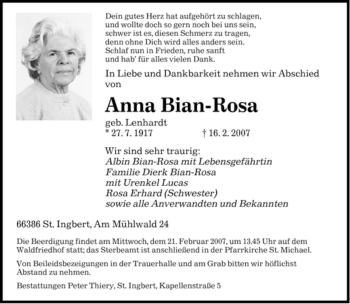 Traueranzeige von Anna Bian-Rosa von SAARBRÜCKER ZEITUNG