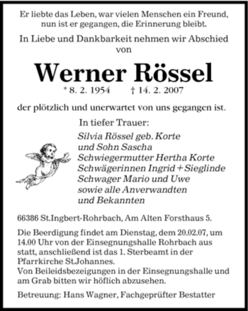 Traueranzeige von Werner Rössel von SAARBRÜCKER ZEITUNG