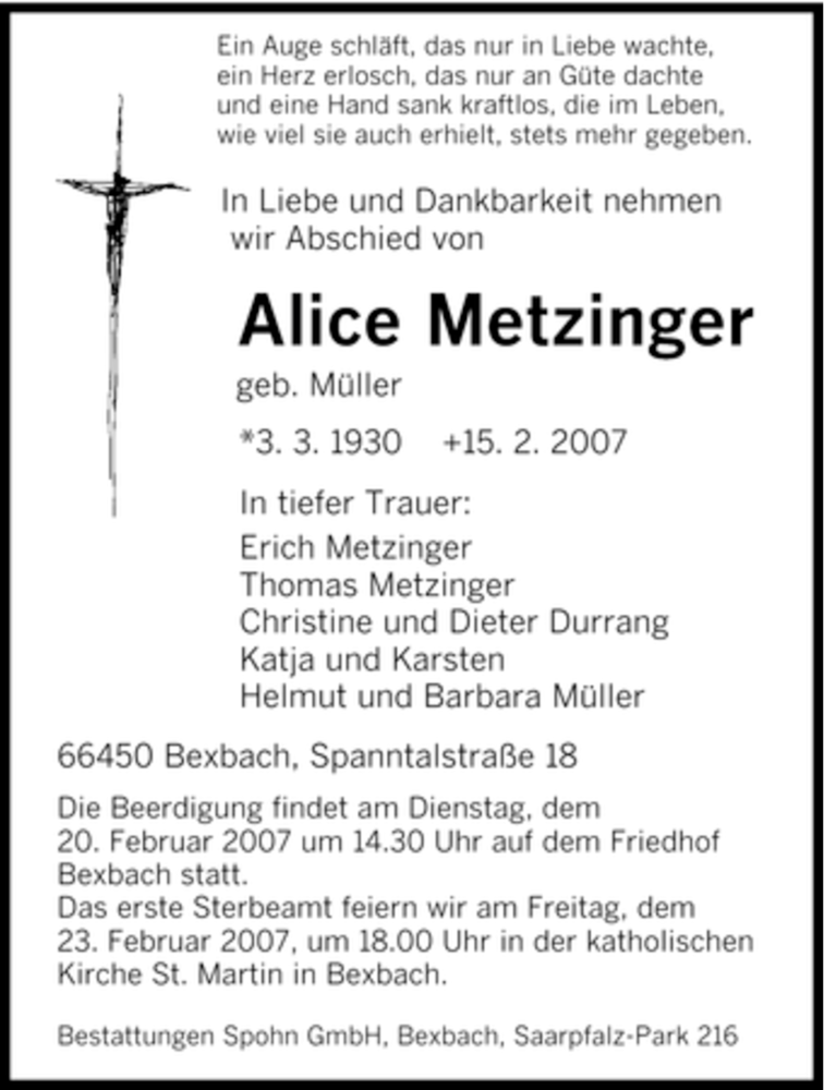 Traueranzeigen von Alice Metzinger | Saarbruecker-Zeitung.Trauer.de