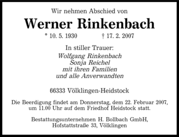Traueranzeige von Werner Rinkenbach von SAARBRÜCKER ZEITUNG