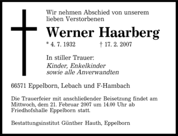 Traueranzeige von Werner Haarberg von SAARBRÜCKER ZEITUNG