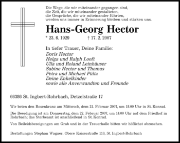 Traueranzeige von Hans-Georg Hector von SAARBRÜCKER ZEITUNG
