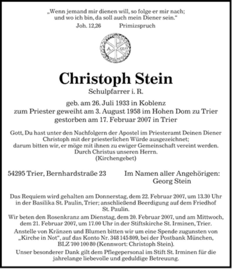  Traueranzeige für Christoph Stein vom 20.02.2007 aus SAARBRÜCKER ZEITUNG
