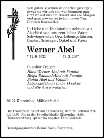 Traueranzeige von Werner Abel von SAARBRÜCKER ZEITUNG