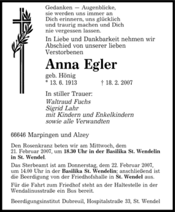 Traueranzeige von Anna Egler von SAARBRÜCKER ZEITUNG