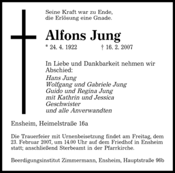 Traueranzeige von Alfons Jung von SAARBRÜCKER ZEITUNG