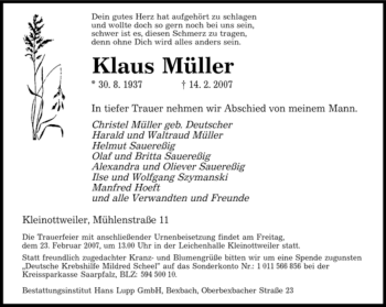 Traueranzeige von Klaus Müller von SAARBRÜCKER ZEITUNG