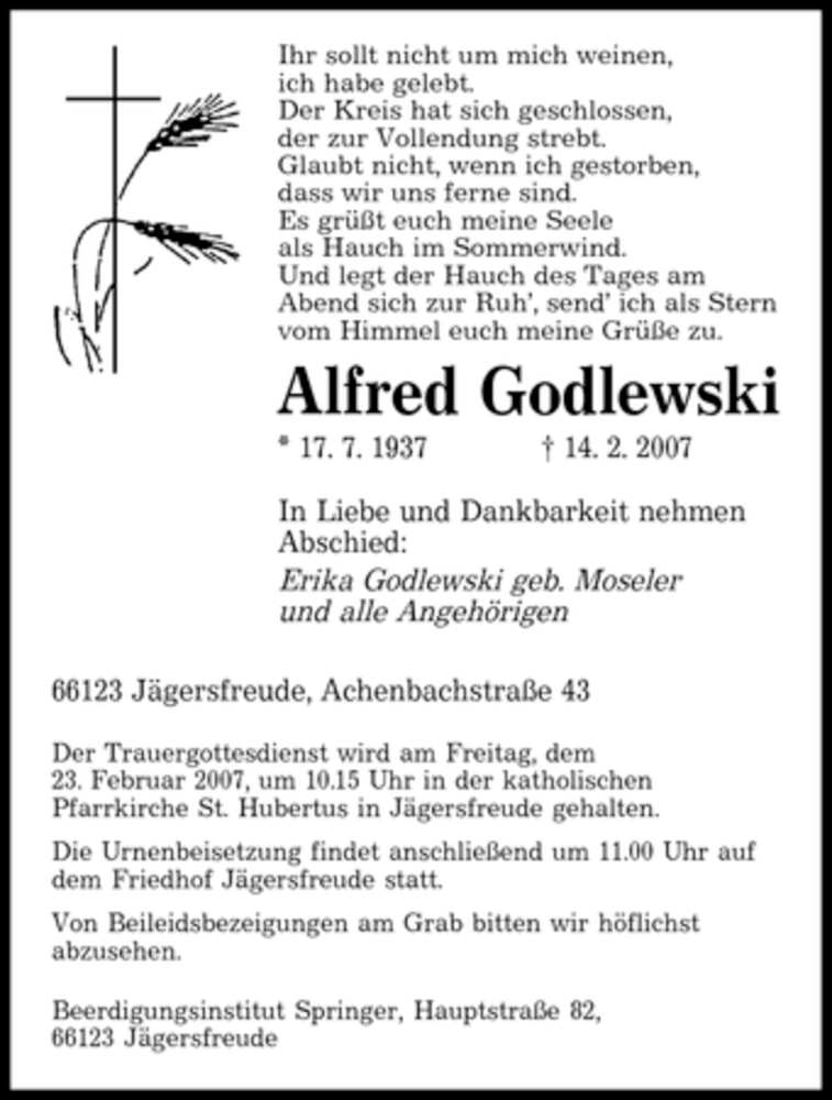  Traueranzeige für Alfred Godlewski vom 21.02.2007 aus SAARBRÜCKER ZEITUNG