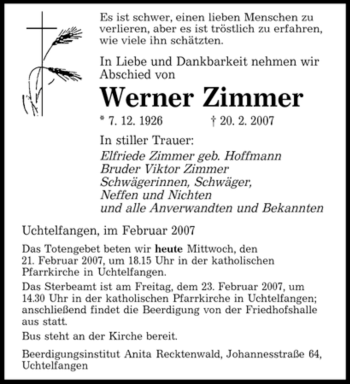 Traueranzeige von Werner Zimmer von SAARBRÜCKER ZEITUNG