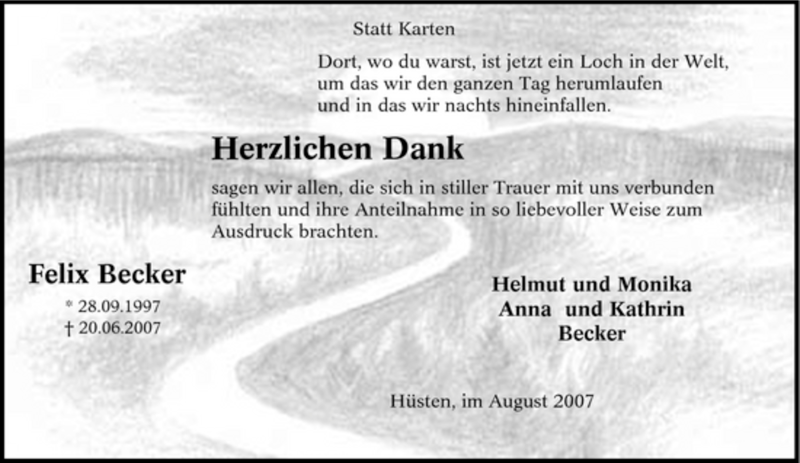  Traueranzeige für Felix Becker vom 11.08.2007 aus SAARBRÜCKER ZEITUNG