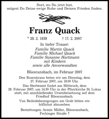 Traueranzeige von Franz Quack von SAARBRÜCKER ZEITUNG