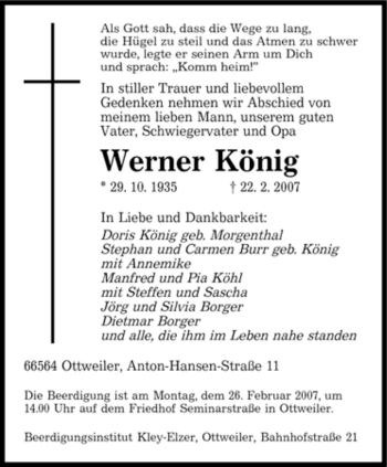 Traueranzeige von Werner König von SAARBRÜCKER ZEITUNG