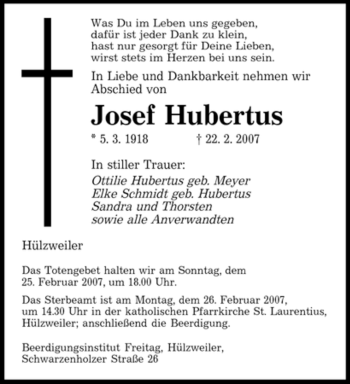 Traueranzeige von Josef Hubertus von SAARBRÜCKER ZEITUNG