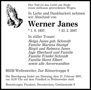 Traueranzeige von Werner Janes von SAARBRÜCKER ZEITUNG