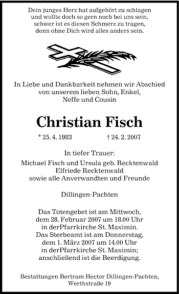Traueranzeige von Christian Fisch von SAARBRÜCKER ZEITUNG