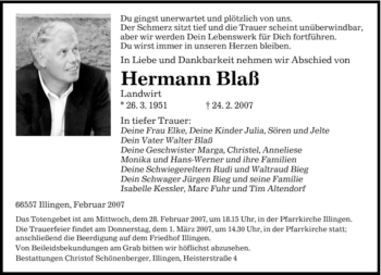 Traueranzeige von Hermann Blaß von SAARBRÜCKER ZEITUNG