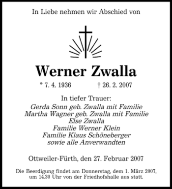 Traueranzeige von Werner Zwalla von SAARBRÜCKER ZEITUNG