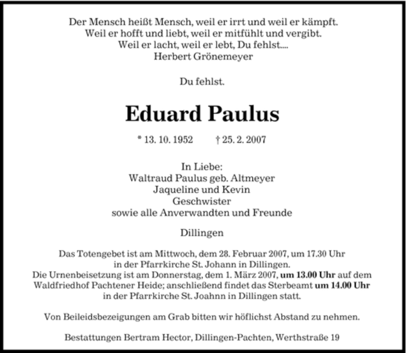  Traueranzeige für Eduard Paulus vom 28.02.2007 aus SAARBRÜCKER ZEITUNG