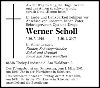 Traueranzeige von Werner Scholl von SAARBRÜCKER ZEITUNG