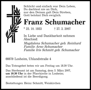 Traueranzeige von Franz Schumacher von SAARBRÜCKER ZEITUNG