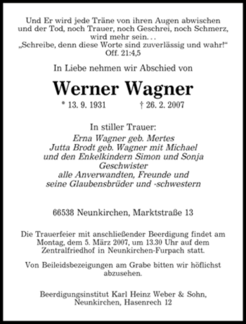 Traueranzeige von Werner Wagner von SAARBRÜCKER ZEITUNG