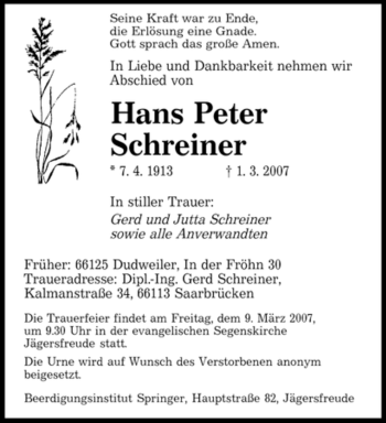 Traueranzeige von Hans Peter Schreiner von SAARBRÜCKER ZEITUNG