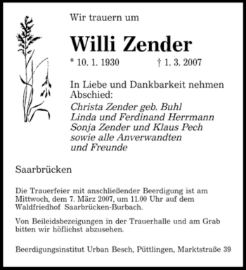 Traueranzeige von Willi Zender von SAARBRÜCKER ZEITUNG