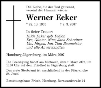 Traueranzeige von Werner Ecker von SAARBRÜCKER ZEITUNG
