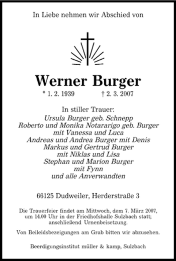Traueranzeige von Werner Burger von SAARBRÜCKER ZEITUNG