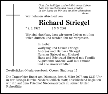 Traueranzeige von Richard Striegel von SAARBRÜCKER ZEITUNG