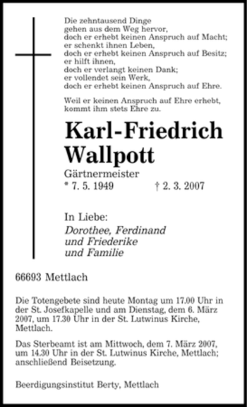 Traueranzeige von Karl-Friedrich Wallpott von SAARBRÜCKER ZEITUNG