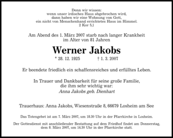 Traueranzeige von Werner Jakobs von SAARBRÜCKER ZEITUNG