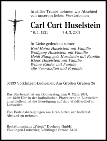 Traueranzeige von Carl Curt Huselstein von SAARBRÜCKER ZEITUNG