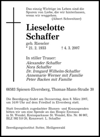 Traueranzeige von Lieselotte Schaffer von SAARBRÜCKER ZEITUNG