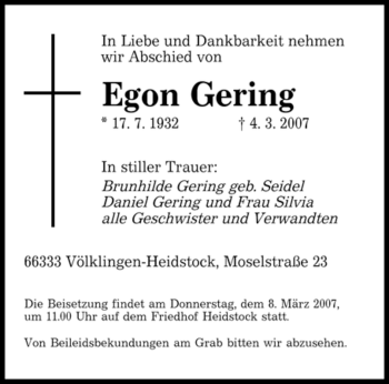 Traueranzeige von Egon Gering von SAARBRÜCKER ZEITUNG