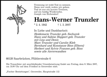 Traueranzeige von Hans-Werner Trunzler von SAARBRÜCKER ZEITUNG