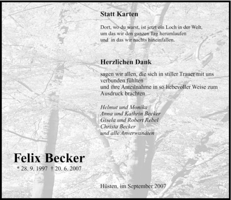  Traueranzeige für Felix Becker vom 15.09.2007 aus SAARBRÜCKER ZEITUNG