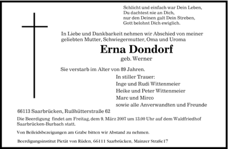  Traueranzeige für Erna Dorndorf vom 07.03.2007 aus SAARBRÜCKER ZEITUNG