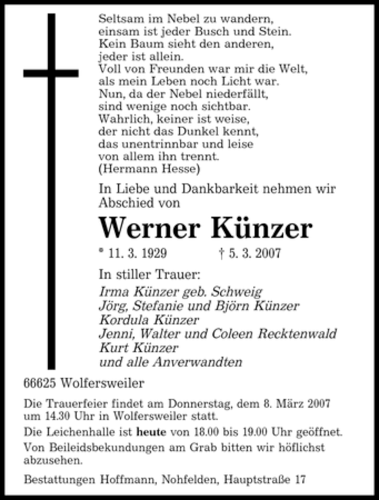  Traueranzeige für Werner Künzer vom 07.03.2007 aus SAARBRÜCKER ZEITUNG