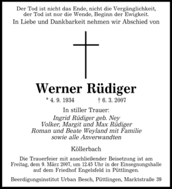 Traueranzeige von Werner Rüdiger von SAARBRÜCKER ZEITUNG