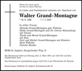 Traueranzeige von Walter Grand-Montagne von SAARBRÜCKER ZEITUNG