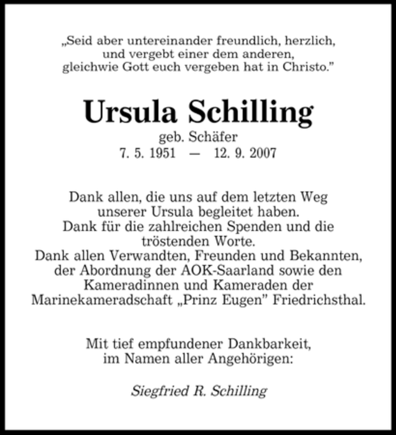  Traueranzeige für Ursula Schilling vom 29.09.2007 aus SAARBRÜCKER ZEITUNG